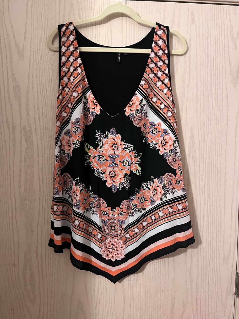 Want and Need Sleeveless Black Floral V-Neck Women’s Top - Peach Accent
